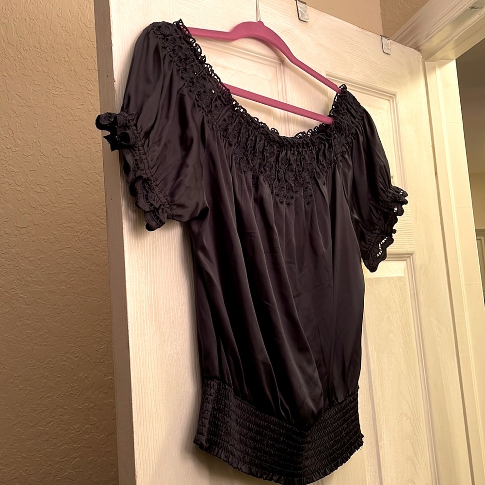 Navy silk peasant top